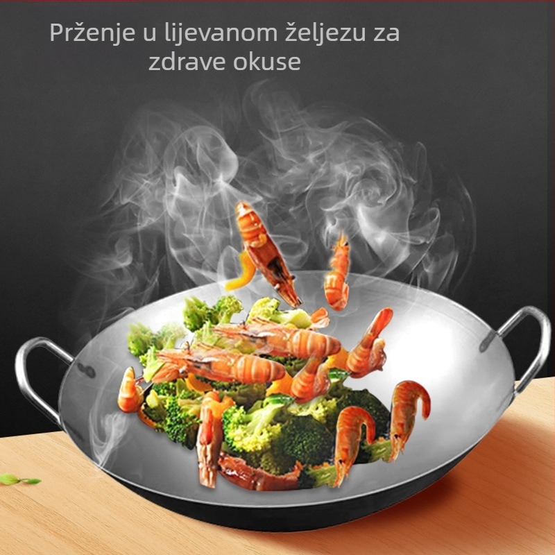 Kućanska staromodna željezna tava bez premaza Wok za kuhare plinski štednjak kuhana željezna tava s neprianjajućim dvjema ušima velika željezna tava