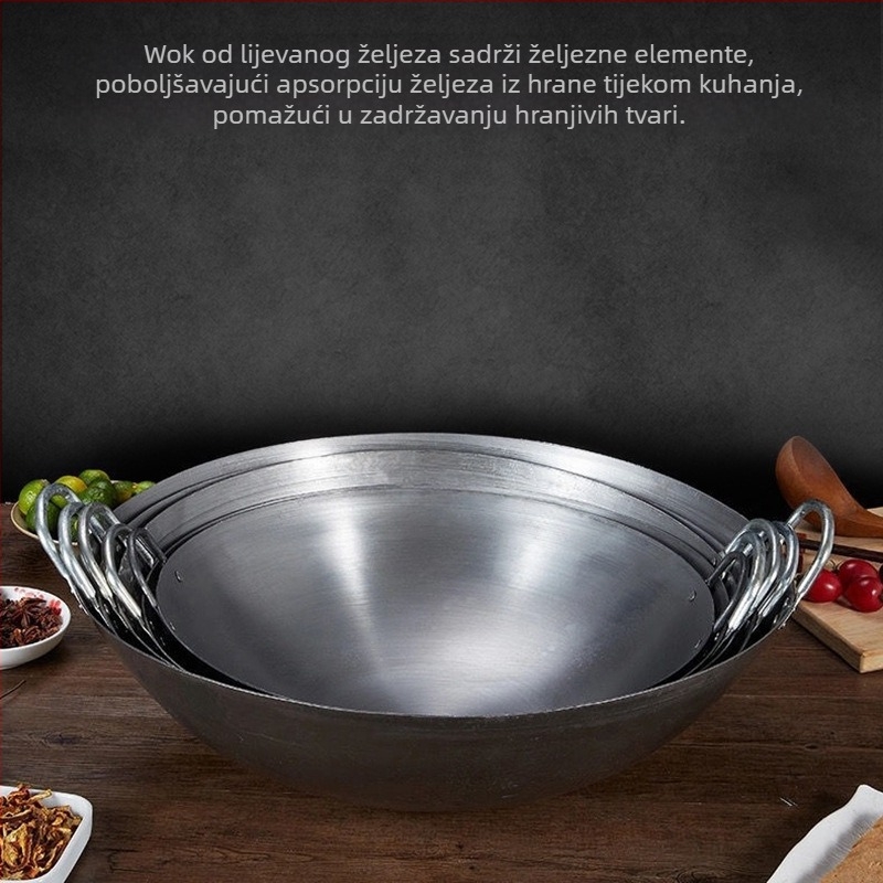 Kućanska staromodna željezna tava bez premaza Wok za kuhare plinski štednjak kuhana željezna tava s neprianjajućim dvjema ušima velika željezna tava
