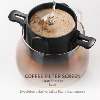Kućni i komercijalni filter za kavu od nehrđajućeg čelika, viseći filter za uši s dvostrukim slojem, sklopivim mrežastim sitom, lijevkom, bez filter papira