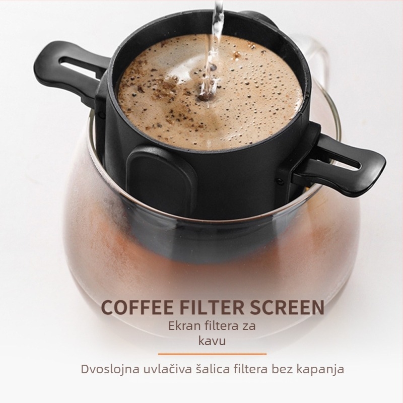 Kućni i komercijalni filter za kavu od nehrđajućeg čelika, viseći filter za uši s dvostrukim slojem, sklopivim mrežastim sitom, lijevkom, bez filter papira