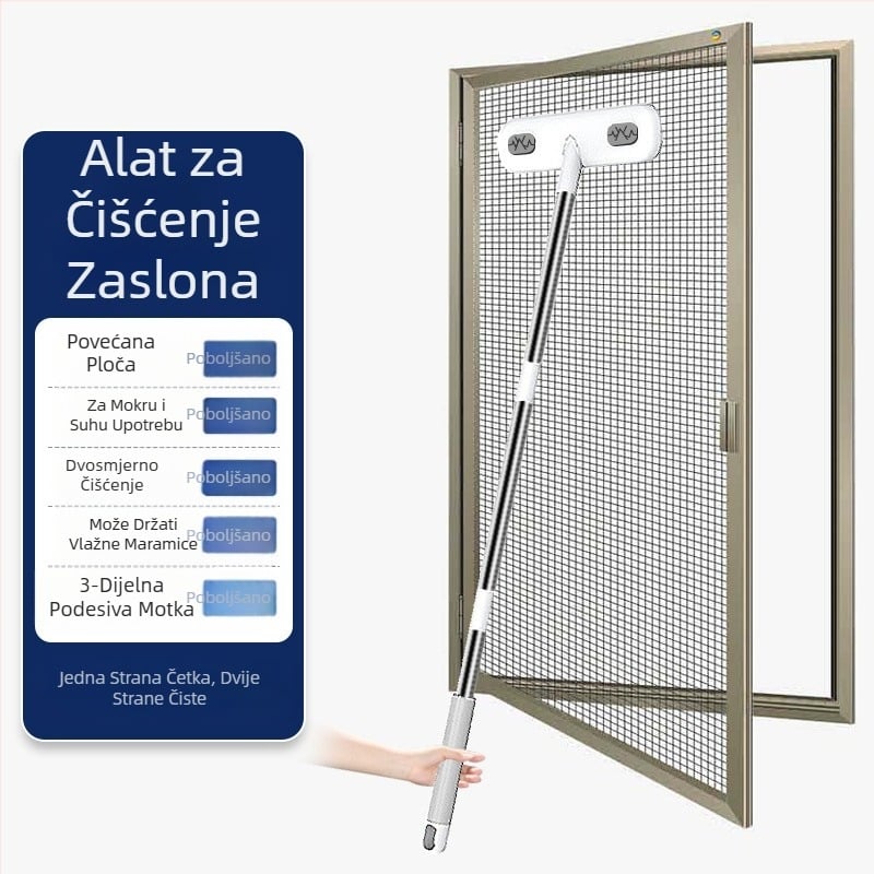 Četka za čišćenje prozorskih mreža, artefakt kućanski, nerastavljajući i ne perući, dvostrani dugi alat za čišćenje prozorskih mreža dva u jednom