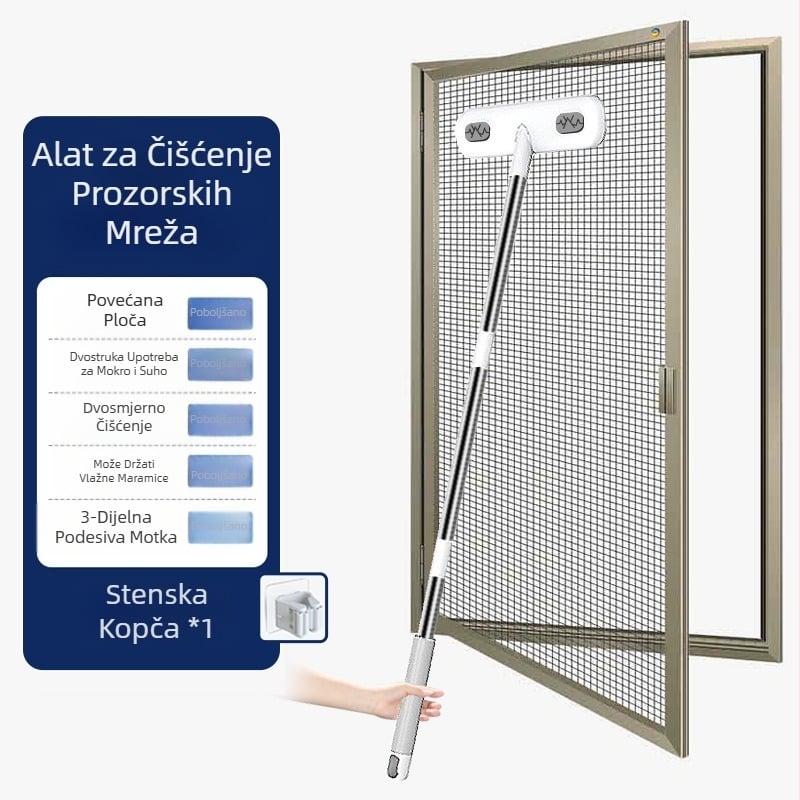 Četka za čišćenje prozorskih mreža, artefakt kućanski, nerastavljajući i ne perući, dvostrani dugi alat za čišćenje prozorskih mreža dva u jednom