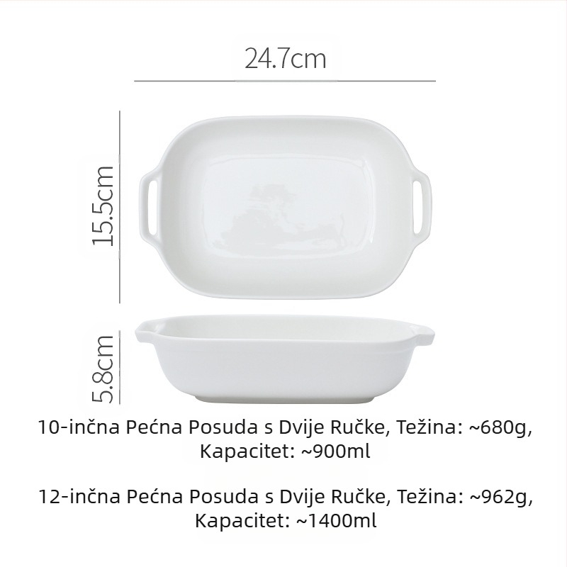 Ležerna čisto bijela keramička pravokutna tava za pečenje s dvostrukim uhom, zdjela za pečenu rižu sa sirom, otporna na visoke temperature, kućna zdjela za pečenje, zdjela za grickalice, tanjur za ribu na pari
