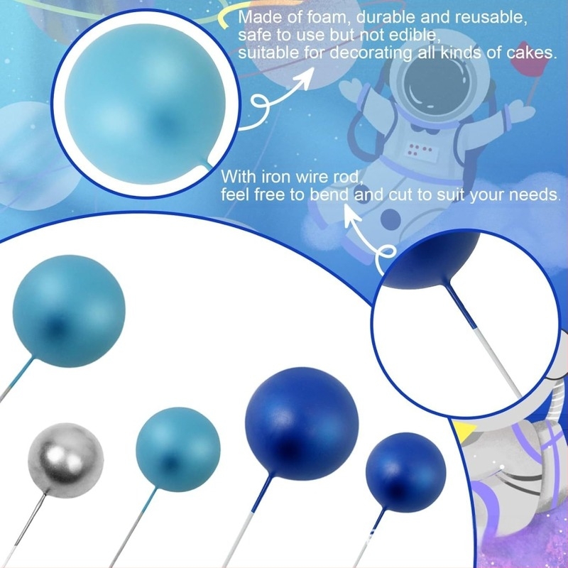 115 komada plavo-srebrnih mjehurićastih kuglica za tortu, ukras za vrh kolačića, tema astronauta, rođendan, vjenčanje, zabavu...