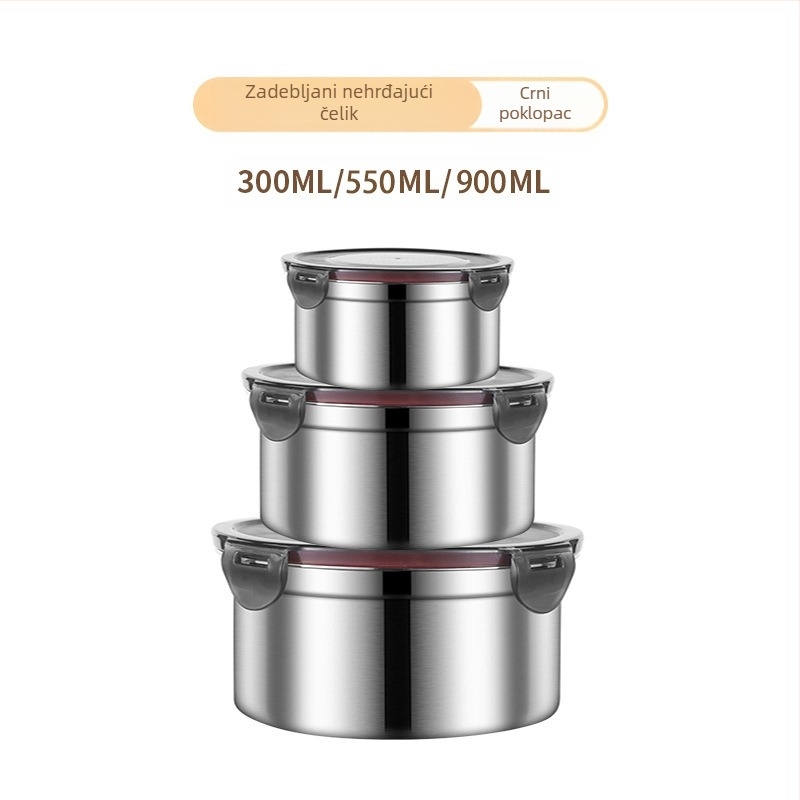 Okrugla zatvorena kutija za ručak od nehrđajućeg čelika 304, prehrambena kvaliteta, zapečaćena, kutija za ručak, hladnjak, kutija za pohranu voća