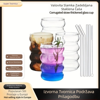 Prekogranični set staklenih čaša otpornih na pad, kućanski, otporan na visoke temperature, šalica za mlijeko i kavu, gusjenica, valovita slamka, zadebljana