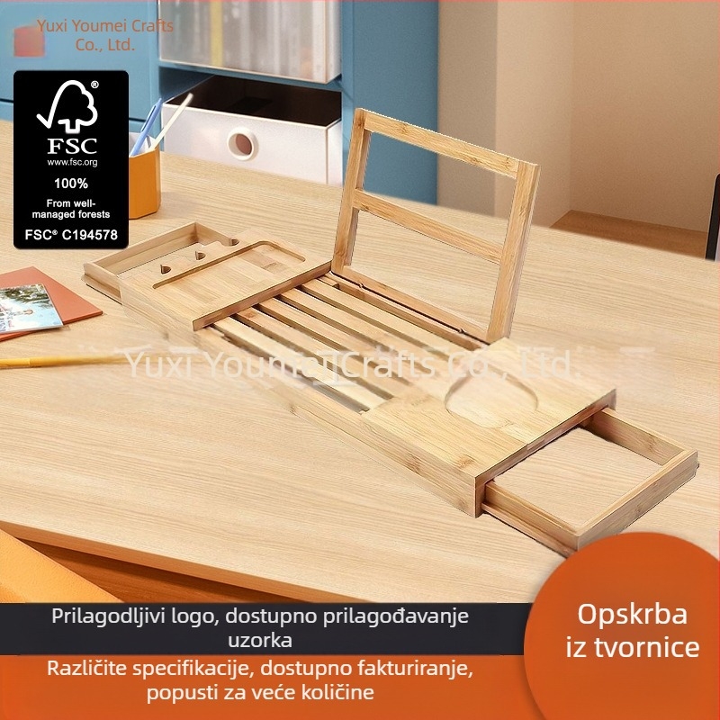 Prekogranični bambusov unutarnji teleskopski stalak za kadu s ladicama, stalak za pohranu u kupaonici, ravni nosač za kupaonicu, daska za pohranu kade