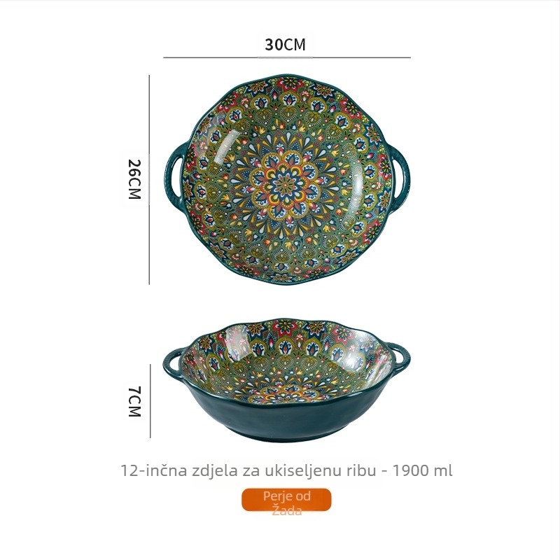 Velika zdjela boemske marinirane ribe, velika kućna zdjela za juhu s dvostrukim ušima, zdjela za juhu, posebna zdjela za kuhane kriške mesa