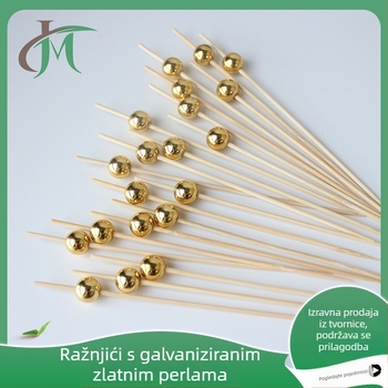 Amazon 100 kom/pakiranje galvanizirane zlatne perle štapić za voće od bambusa vilica za voće jednokratna upotreba ukrasni bambusov štapić kreativni štapić za konopce