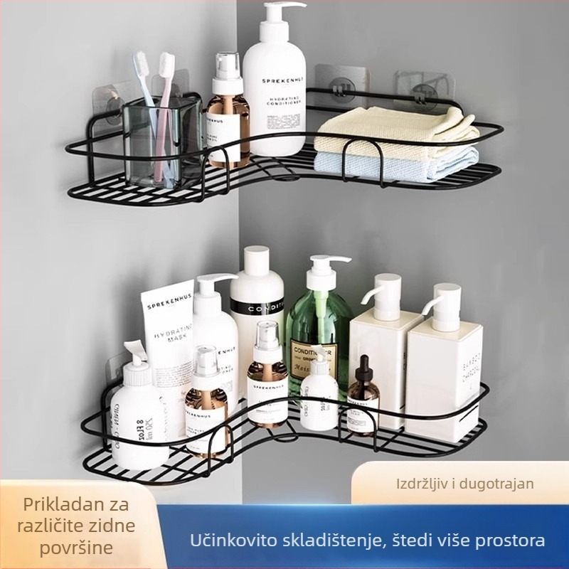 Kovani željezni trokutasti stalak za kupaonicu bez bušilica, zidni stalak za pohranu u kupaonici, kutna zidna košara za pohranu u kutu