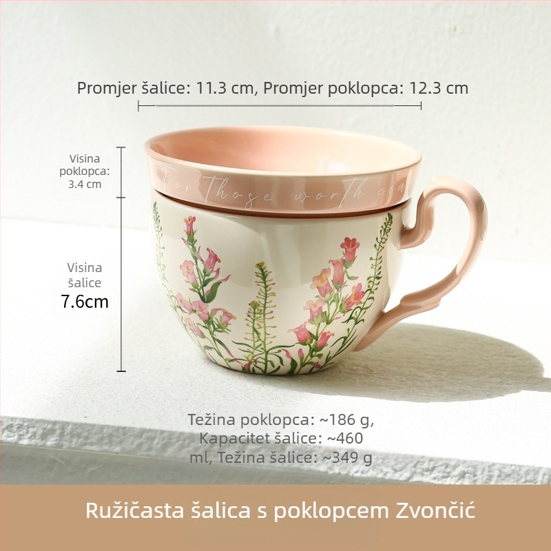 Lily Wind Bell Kreativna praktična keramička šalica velikog kapaciteta s poklopcem, višenamjenska šalica za doručak, šalica za mlijeko i zdjelica za jogurt
