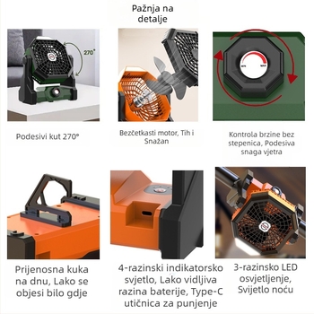Vanjski punjivi ventilator za kampiranje, mali šator za kampiranje, hlađenje spavaonice, USB punjenje, super dugo trajanje baterije