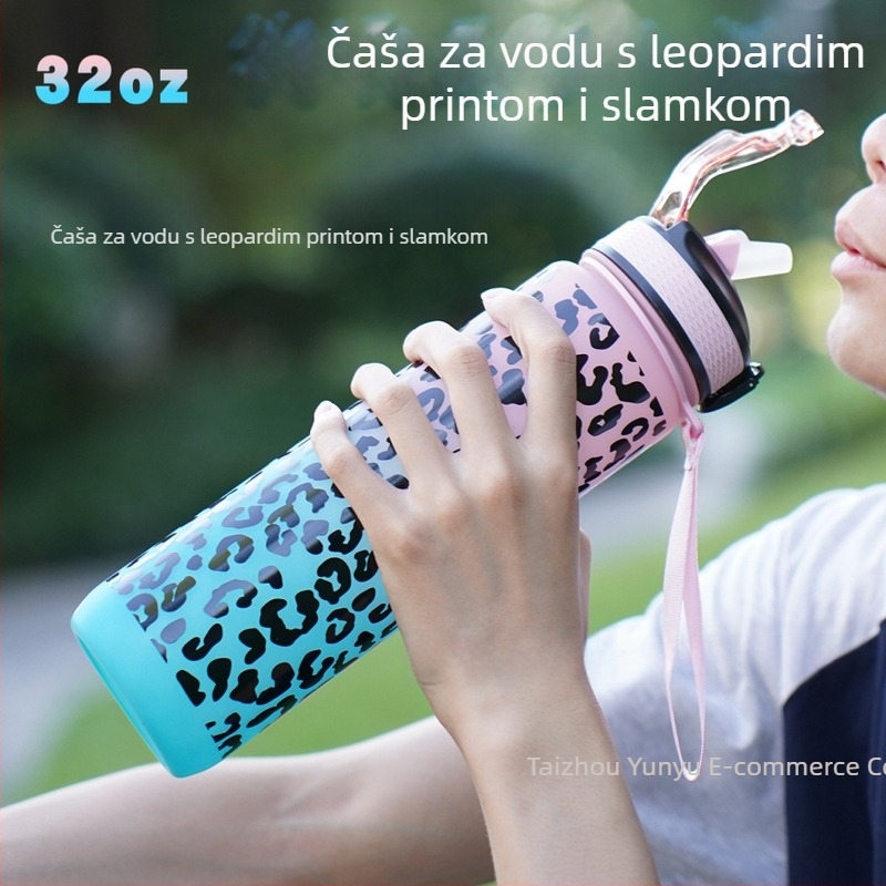 Cross Border na zalihi Sportska plastična čaša za vodu s printom gradijenta i leoparda, usisna cijev, sportska čaša za vodu s leopard printom