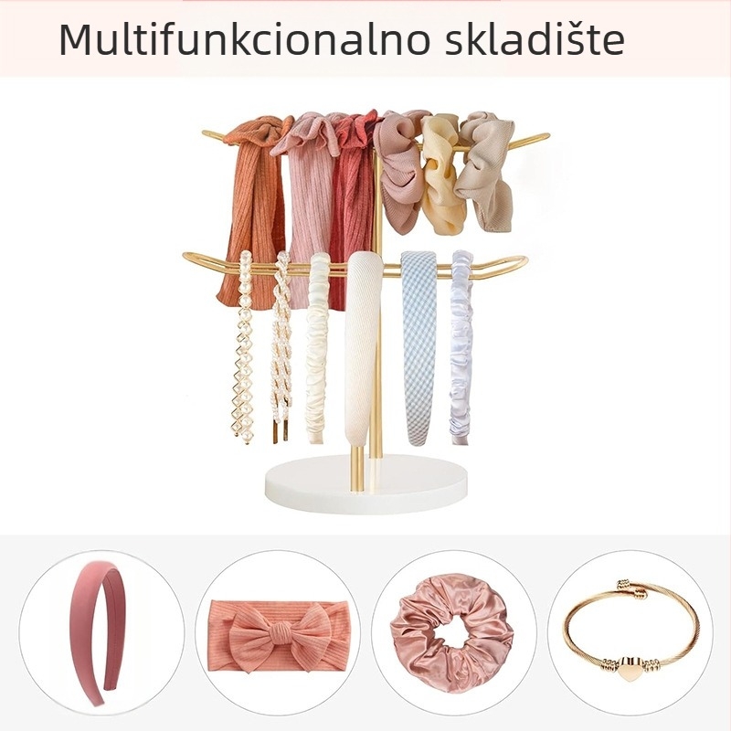 Dvoslojni drveni stalak za trake za kosu sa zlatnom podlogom, stolni stalak za trake za kosu, višenamjenski stalak za izlaganje pokrivala za glavu