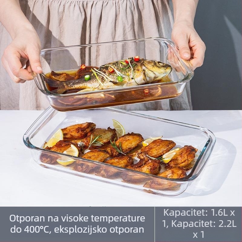 Pravokutna posuda za pečenje od borosilikatnog stakla, riblji tanjur, kućanski mesni kavijar na pari, otporan na visoke temperature, mikrovalna pećnica, posebno pečenje