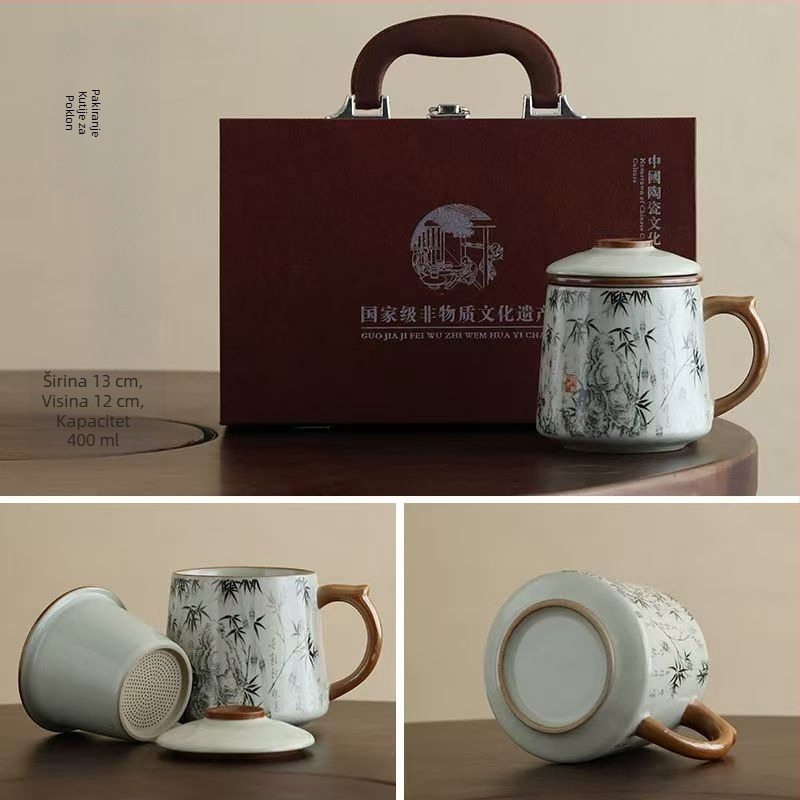 Ru kiln šalica za čaj za sastanke, osobna uredska šalica, šalica za odvajanje čaja, visokokvalitetna keramička filter šalica za mirisni čaj, poklon kutija