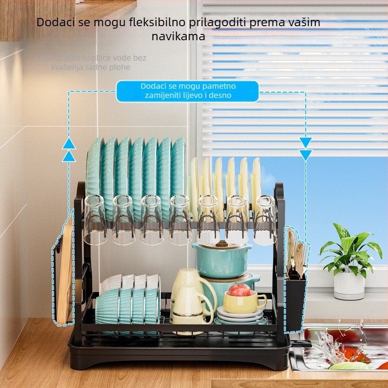 Prekogranični stalak za kuhinjsko posuđe, stalak za posuđe, dvoslojni stalak za odlaganje na radnoj površini, uklonjivi stalak za odlaganje posuđa