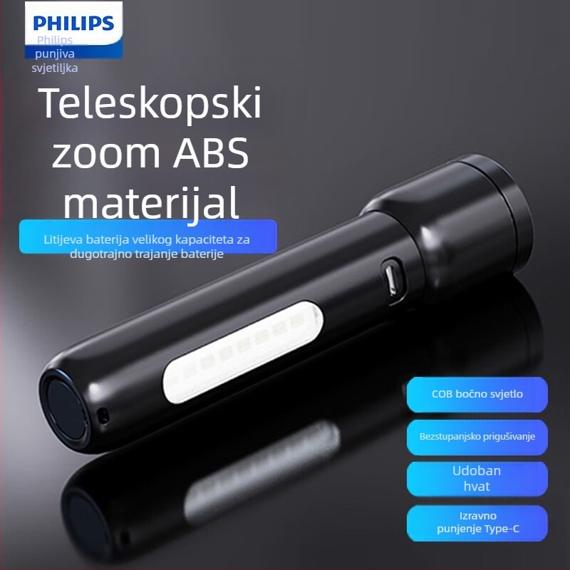 Philipsova jaka, super svijetla, teleskopska zum svjetiljka od ABS materijala s bočnim svjetlima, vanjska, dugog dometa, prijenosna