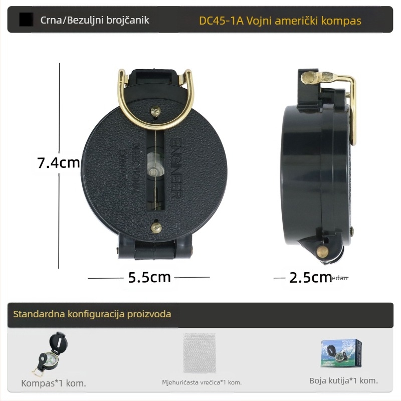 Vanjski višenamjenski kompas za kampiranje, terenski kompas, sjeverni geološki kompas, američki vojnik, borbena oprema, metalni