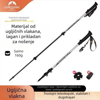 Kuangtu štap za penjanje od karbonskih vlakana, teleskopska štaka s tri dijela za muškarce i žene, oprema za planinarenje na otvorenom, ultra lagana štaka bez klizanja