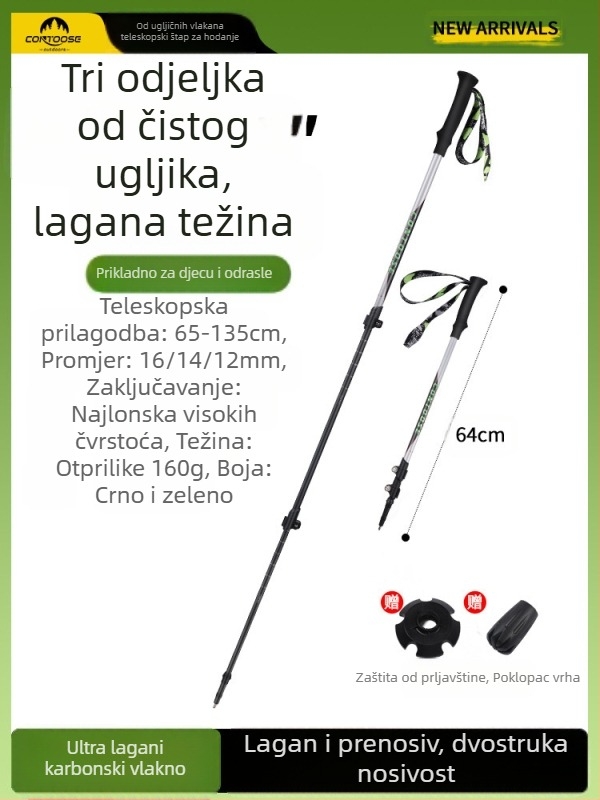 Kuangtu štap za penjanje od karbonskih vlakana, teleskopska štaka s tri dijela za muškarce i žene, oprema za planinarenje na otvorenom, ultra lagana štaka bez klizanja