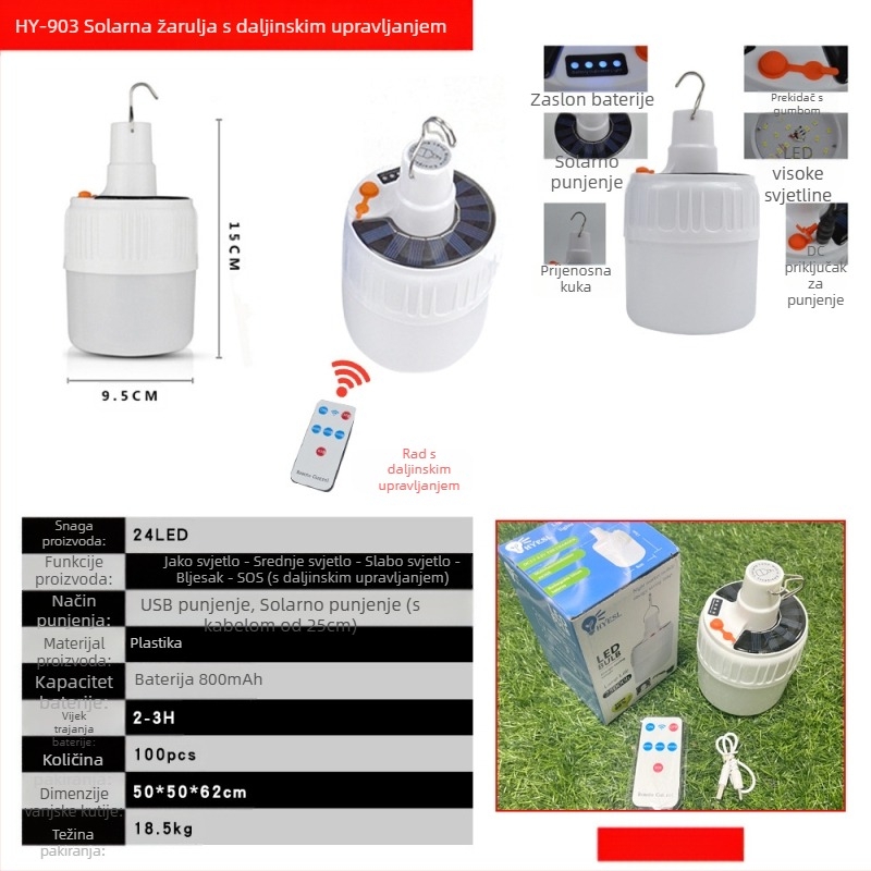 Solarno punjenje LED svjetlo za hitne slučajeve Noćna tržnica Mobilno svjetlo za kampiranje Vanjska rasvjeta Viseće svjetlo Žarulja s daljinskim upravljačem