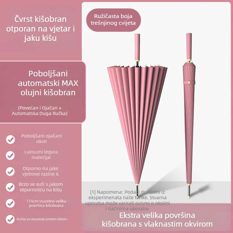 Kišobran od 24 kostiju, automatski kišobran, veliki, predimenzionirani, tvornički veleprodajni ravni kišobran s dugom ručkom, sunčan i kišan, logotip dvojne namjene