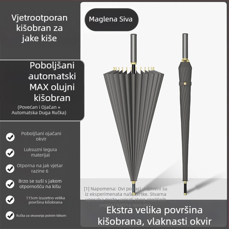 Kišobran od 24 kostiju, automatski kišobran, veliki, predimenzionirani, tvornički veleprodajni ravni kišobran s dugom ručkom, sunčan i kišan, logotip dvojne namjene