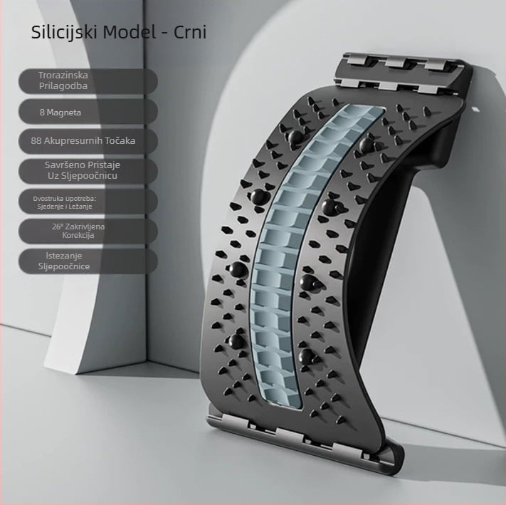 Lumbalno rastezanje, Istezanje za struk, Gornji dio vratne kralježnice, Otvaranje struka, Otvaranje ramena, Pomoćna trakcija za jogu leđa, Zaštita za struk magnetskom terapijom