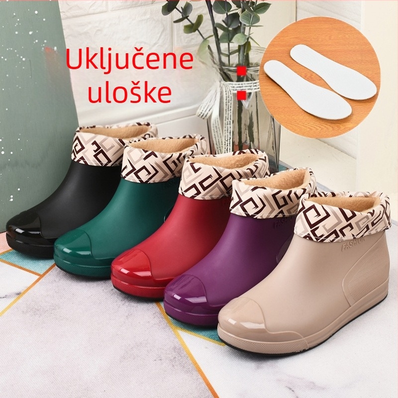 Modne ženske gumene čizme, kratke tubusaste, vanjske cipele za vodu, tople neklizajuće gumene čizme, vodootporne čizme, kuhinjske, autopraonice, gumene cipele za rad