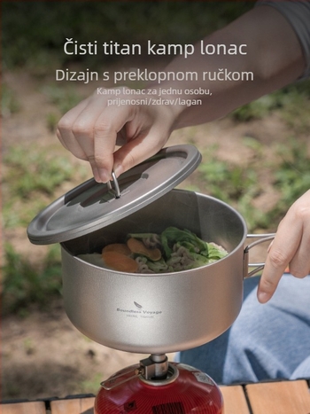 Biwei lonac za juhu od čistog titana, ultra lagan i praktičan lonac za kampiranje, kutija za ručak od titana, grijani jednoslojni lonac za kuhanje, sklopiva ručka