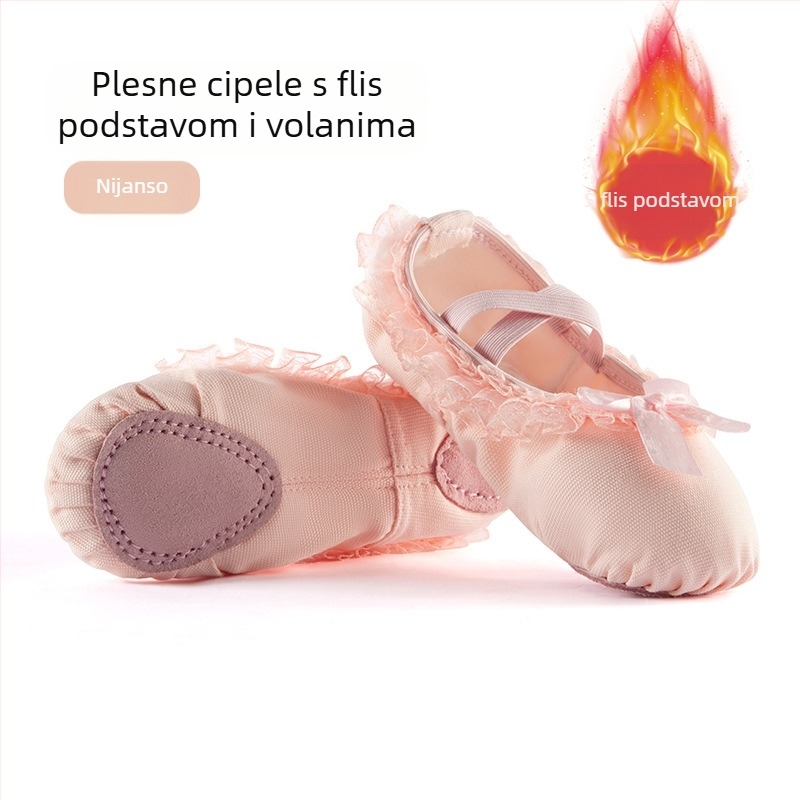 Plesne cipele za žene i djecu s mekim potplatom, jesenske i zimske, za vježbanje, podstavljene flisom, mesnate čipkaste, mačje kandže za djevojčice, princeza baletne cipele
