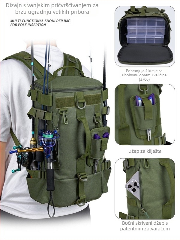 Višenamjenska torba za planinarenje, torba za ribolovnu opremu, torba za štap za pecanje, ruksak, veliki kapacitet, odvajanje suhog i mokrog materijala, vodootporni dizajn