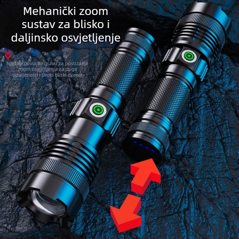Prekogranična teleskopska svjetiljka od aluminijske legure s bijelim laserskim čipom, jakim svjetlom i zaslonom, USB izravno punjenje za vanjsku power banku