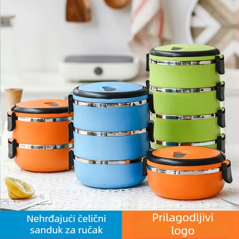 Kutija za ručak za studente od nehrđajućeg čelika 304, okrugla zatvorena kutija za konzerviranje, višeslojna praktična izolacijska kutija za ručak s otisnutim logotipom