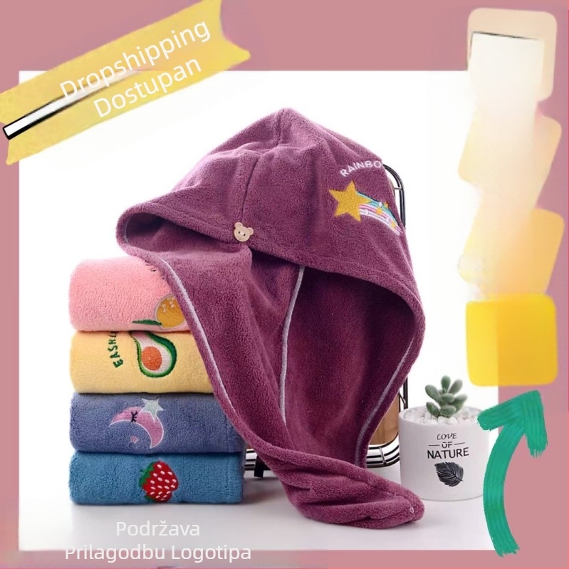 Ženska kapa za suhu kosu, zadebljana, ne linja se, turban s vezom od koraljnog baršuna i crtanim motivima, mekan, upijajući vodu, brzosušeći turban