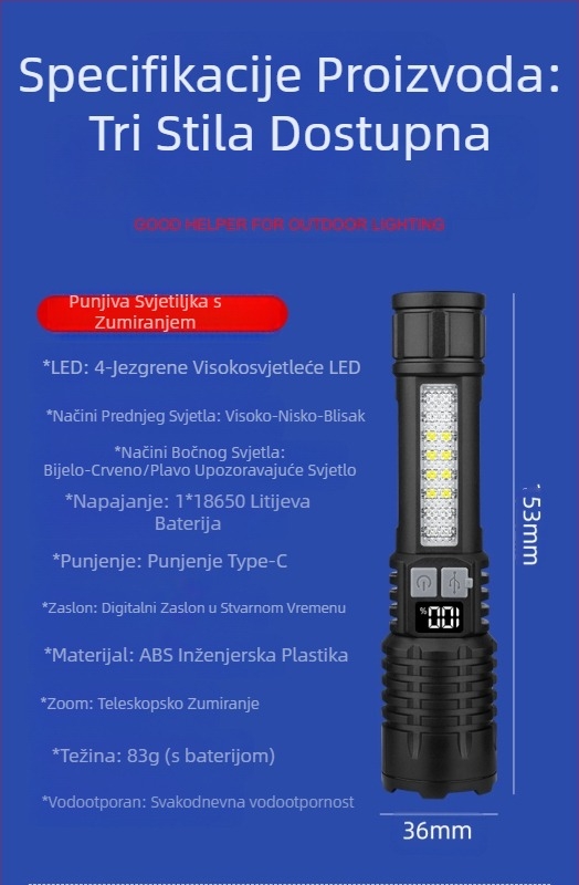 Prekogranična vanjska svjetiljka za patrolu, reflektor dugog dometa, snažno svjetlo, prijenosno punjivo zumiranje bijelo lasersko svjetlo