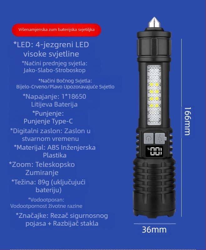 Prekogranična vanjska svjetiljka za patrolu, reflektor dugog dometa, snažno svjetlo, prijenosno punjivo zumiranje bijelo lasersko svjetlo