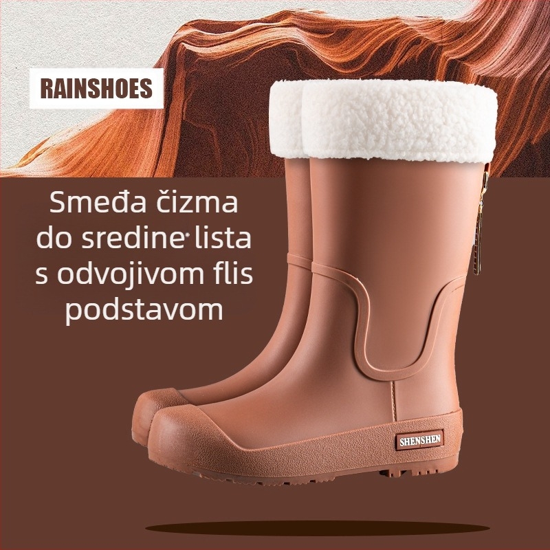 Ženske čizme za kišu, visoke modne vodene cipele za odrasle, neklizajuće duge čizme za kišu, ženske vanjske vodootporne čizme za vodu s flis podstavom, radne gumene cipele