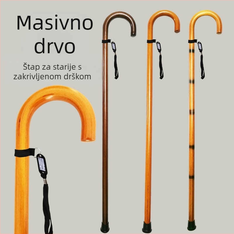 Štake za starije osobe, masivno drvo, integrirana kuka za štap, zakrivljena ručka, drvene štake, veleprodaja, dropshipping, retro drvene