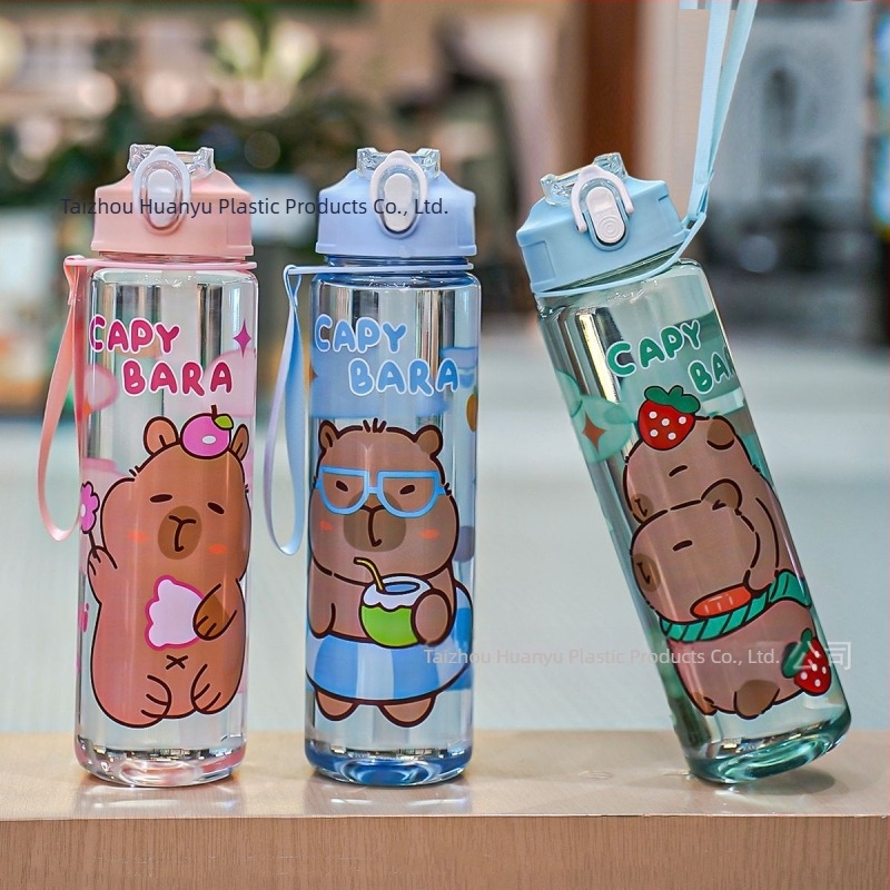 Capibala Srednja šalica, slatka šalica za vodu od slame s medvjedićem, studentska odskočna crtana sportska šalica za fitness s vrpcom