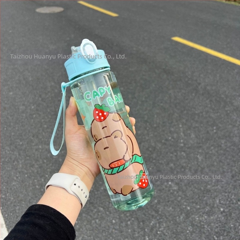 Capibala Srednja šalica, slatka šalica za vodu od slame s medvjedićem, studentska odskočna crtana sportska šalica za fitness s vrpcom