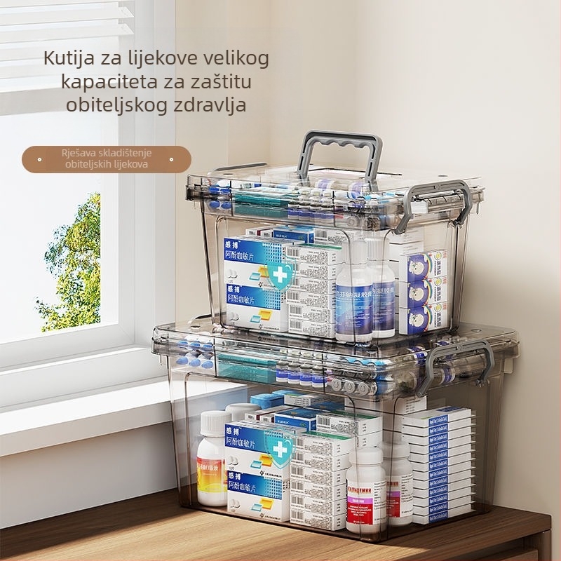 Prozirna prijenosna kućna prijenosna kutija za lijekove velikog kapaciteta, kutija za pohranu medicinske opreme za prvu pomoć, klasifikacija lijekova, plastična višeslojna