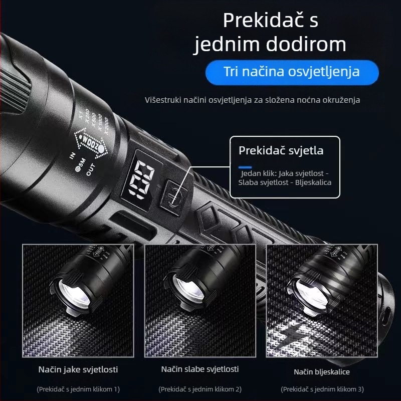 Prekogranična LED svjetiljka, punjiva prijenosna, snažno svjetlo, dugotrajno bijelo lasersko svjetlo, vanjsko super svijetlo višenamjensko radno svjetlo