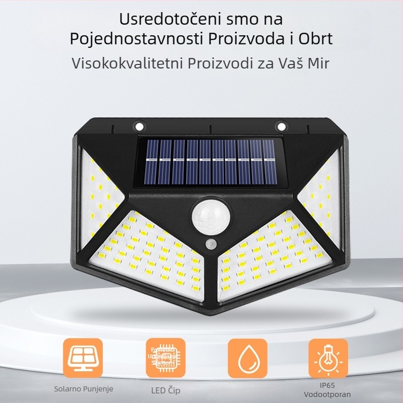 Prekogranična solarna vanjska zidna svjetiljka za dvorište, 100LED četverostrana svjetiljka za indukciju ljudskog tijela za kućni vrt i krajobraz