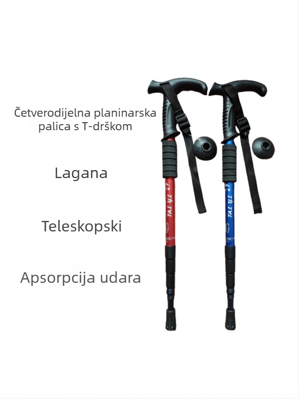 Planinarski štap od aluminijske legure s T-ručkom 4, vanjski planinarski štap, prijenosni štap za hodanje, proizvođači planinarskog štapa s štakama na veliko