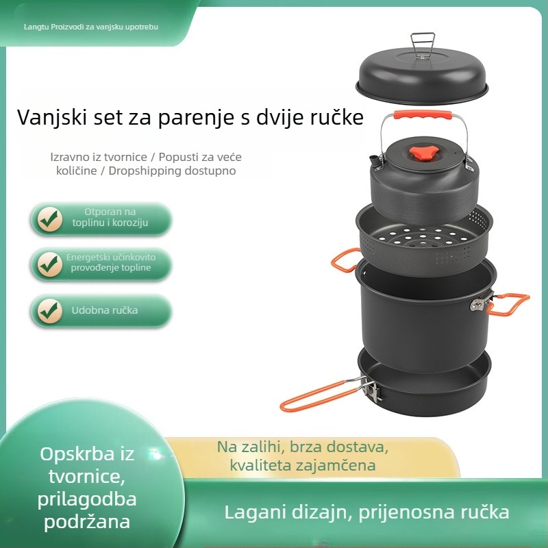 Novi 718 vanjski set za kampiranje od aluminijske legure, lonac s dvostrukim ušima, prijenosni parni lonac s četiri dijela, razdvojeno vanjsko posuđe