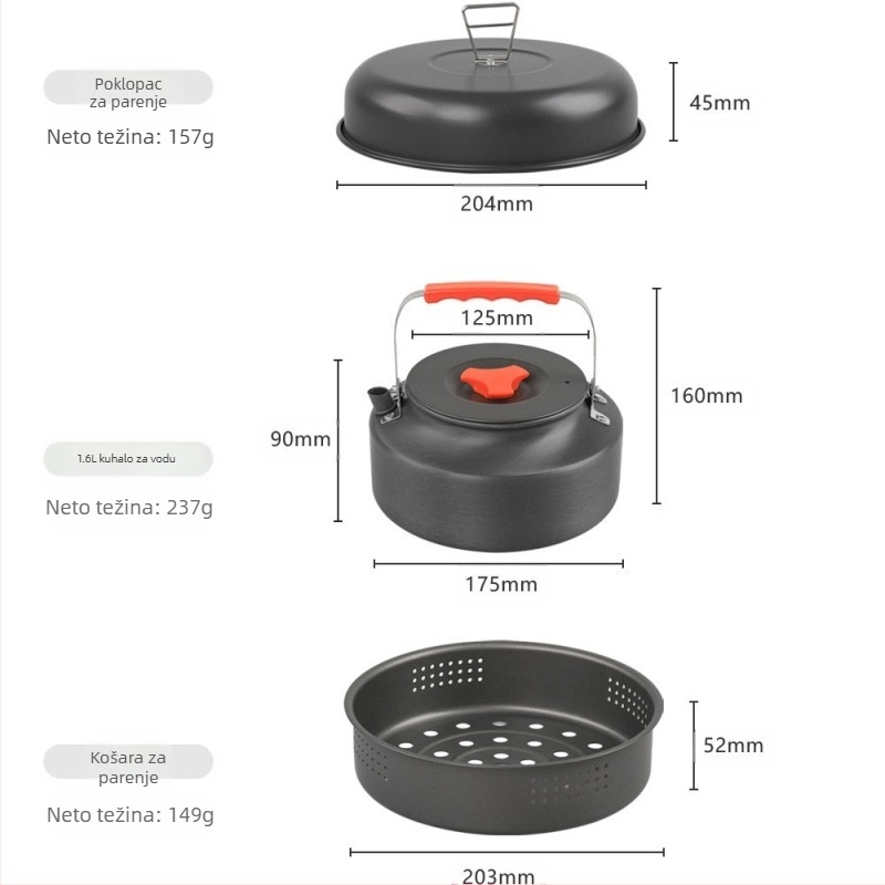 Novi 718 vanjski set za kampiranje od aluminijske legure, lonac s dvostrukim ušima, prijenosni parni lonac s četiri dijela, razdvojeno vanjsko posuđe