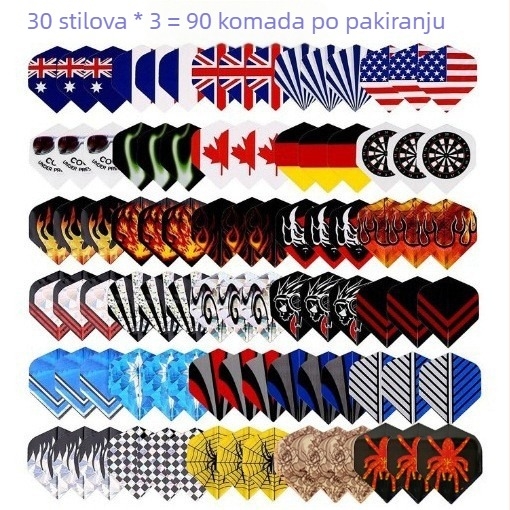 Set od 90 komada krila za strelice s 30 uzoraka, 3 komada svaki, jedan set strelica i listova za strelice