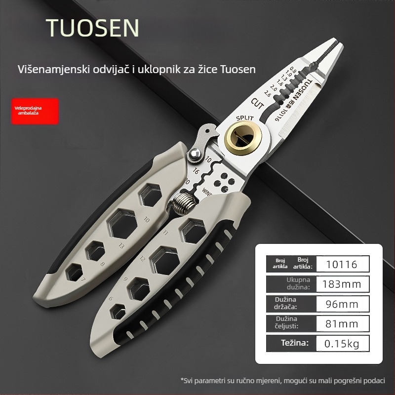 Tuosen višenamjenski alat za skidanje izolacije 7 inča, specijalni alat za električare, rezač žice, izvlačenje žice, prešanje žice, vijak za namatanje žice